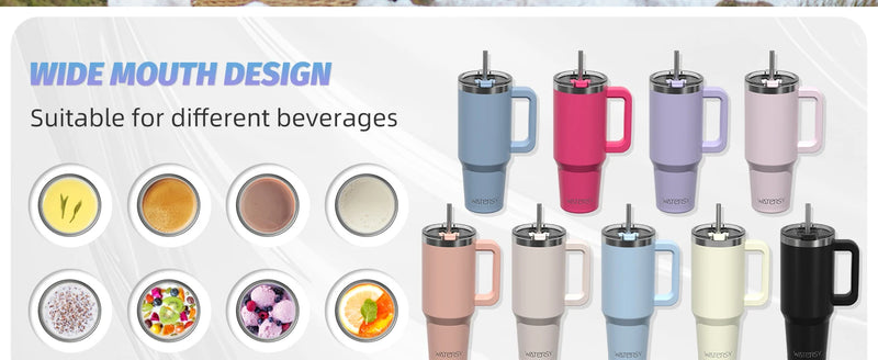 WATERSY 20/30/40oz Tumbler with Handle & Straw, Large Capacity Stainless Steel Thermal Cup, Vacuum Insulated Mug for Car, Travel