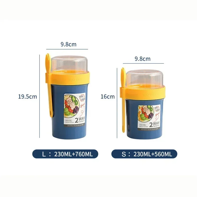 Bento Lunch Box Salad Oatmeal Breakfast Double Cup Cereal Nut Yogurt Container Set with Dressing Holder Fork Meal Preparation