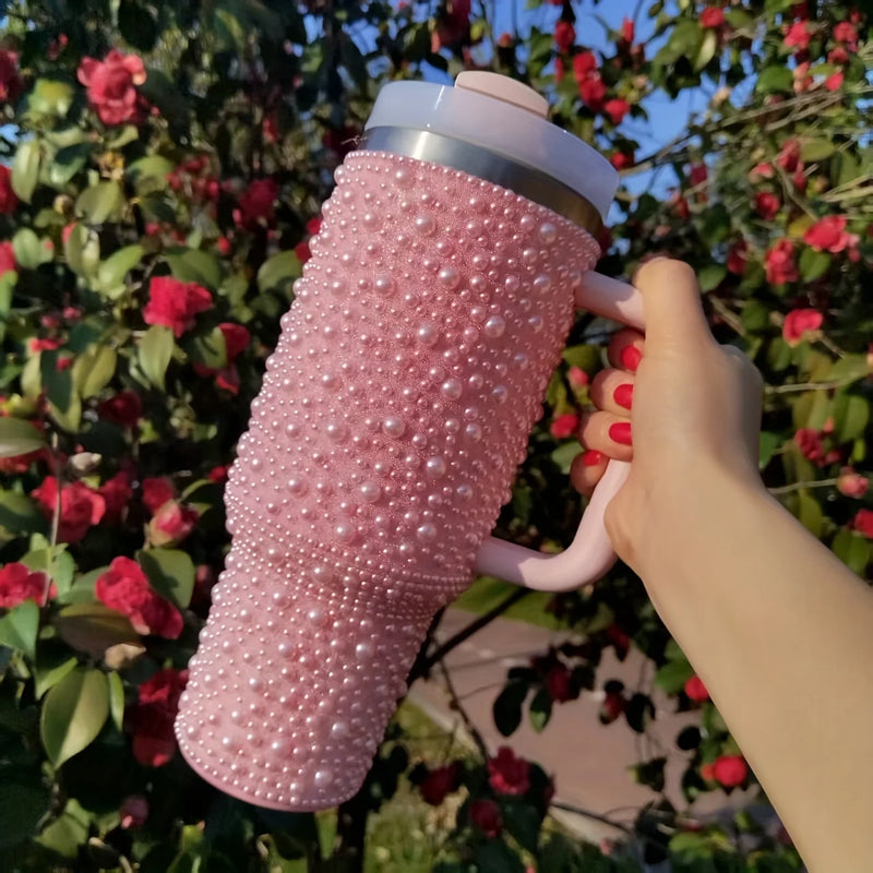 40oz Stainless Steel Vacuum Insulated Tumbler with Pearls & Rhinestones, Wide Handle Car Cup Holder Compatible