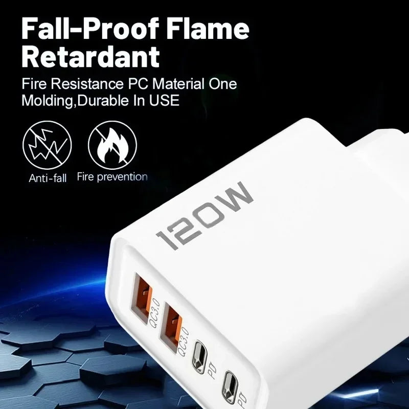 4 Port 120W Fast USB C Charger Wall Adapter 10A Type C Data Cable For iPhone Samsung Xiaomi Huawei Phone EU US UK USB Charger