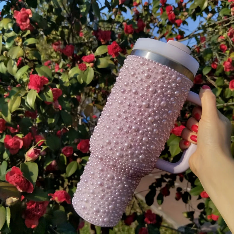 40oz Stainless Steel Vacuum Insulated Tumbler with Pearls & Rhinestones, Wide Handle Car Cup Holder Compatible