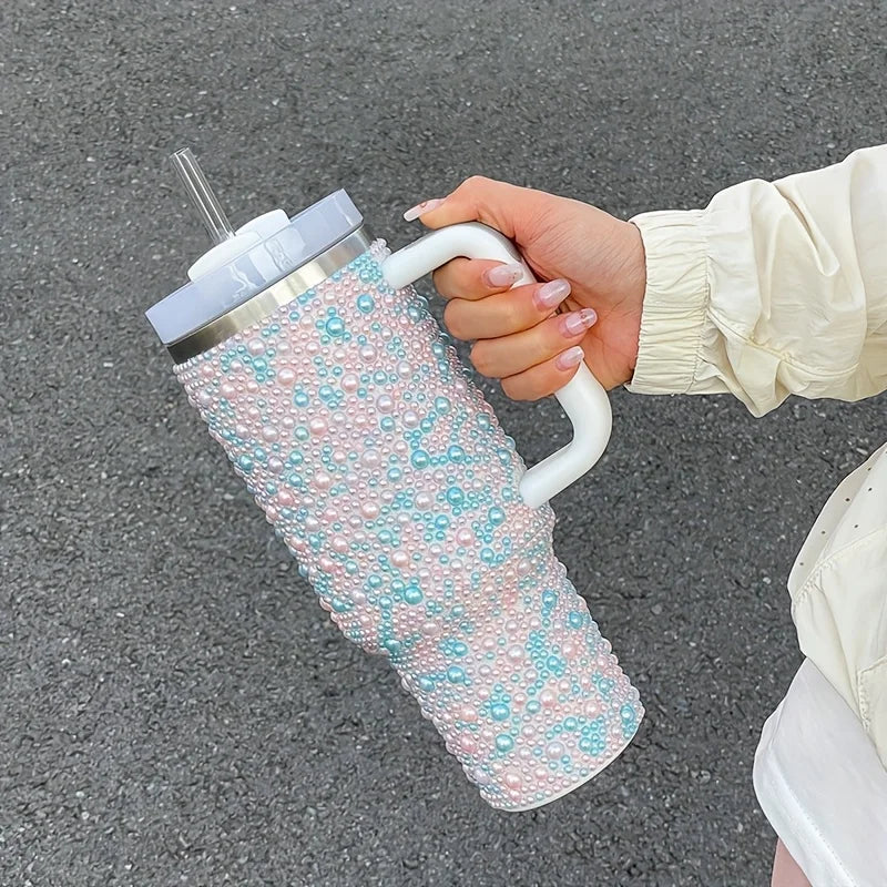 40oz Stainless Steel Vacuum Insulated Tumbler with Pearls & Rhinestones, Wide Handle Car Cup Holder Compatible