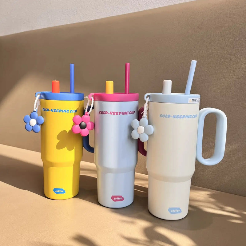 Large Capacity High Aesthetic Straw Water Bottle Couple Water Cup Girlfriend Gift Double Wall Insulated Stainless Steel Tumbler