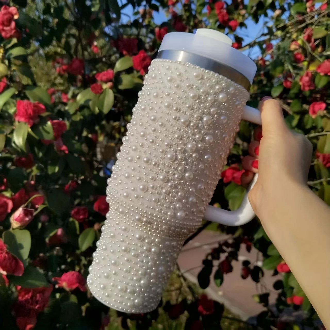 40oz Stainless Steel Vacuum Insulated Tumbler with Pearls & Rhinestones, Wide Handle Car Cup Holder Compatible