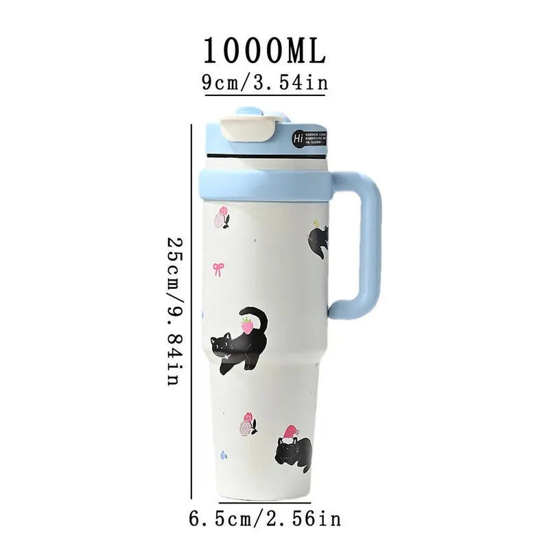 Large Tumbler With Handle And Straw Insulated Cup Holder Bottle For Hot Cold Drink 1000ml Reusable Tumblers Cupholder Iced