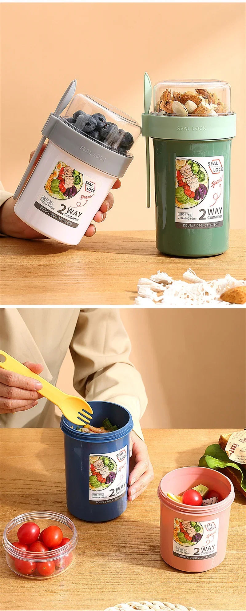 Bento Lunch Box Salad Oatmeal Breakfast Double Cup Cereal Nut Yogurt Container Set with Dressing Holder Fork Meal Preparation