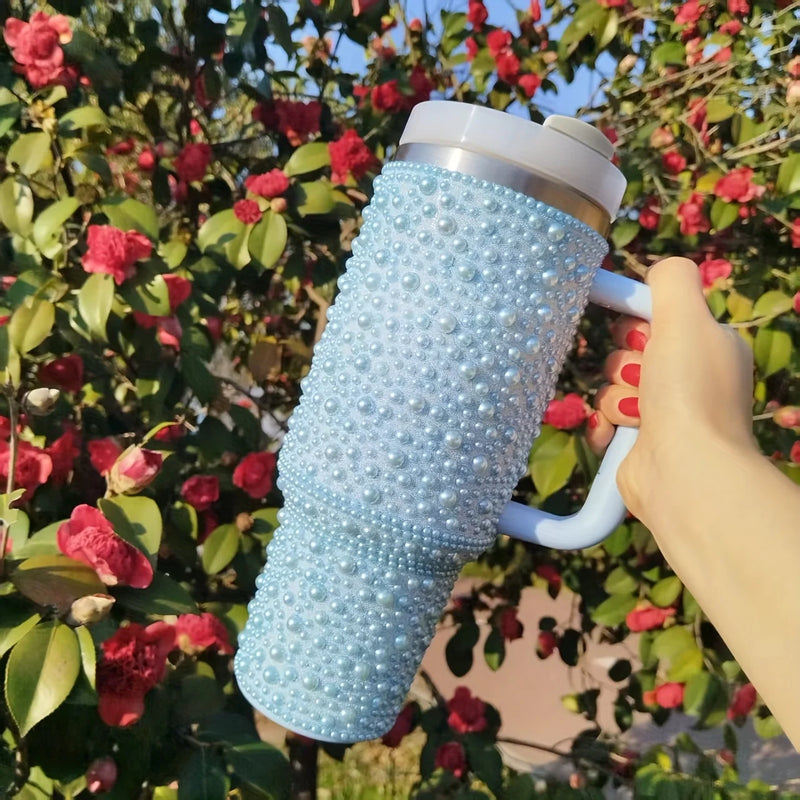 40oz Stainless Steel Vacuum Insulated Tumbler with Pearls & Rhinestones, Wide Handle Car Cup Holder Compatible