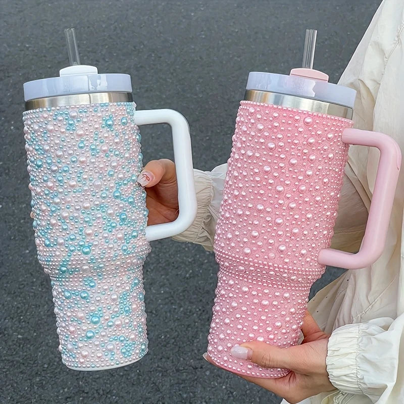 40oz Stainless Steel Vacuum Insulated Tumbler with Pearls & Rhinestones, Wide Handle Car Cup Holder Compatible
