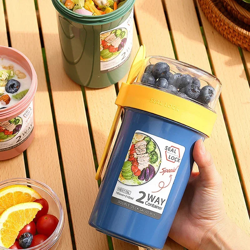 Bento Lunch Box Salad Oatmeal Breakfast Double Cup Cereal Nut Yogurt Container Set with Dressing Holder Fork Meal Preparation
