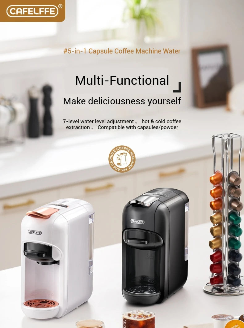 5-in-1 capsule coffee machine, fully automatic small household coffee machine, 7-speed water level hot and cold Italian style ca