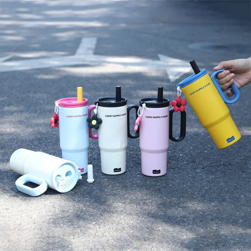 Cute Tumbler With Straw Handle Filter 750ml Large Thermos Bottle Stainless Steel Vacuum Water Bottle For Woman Office Travel Gym