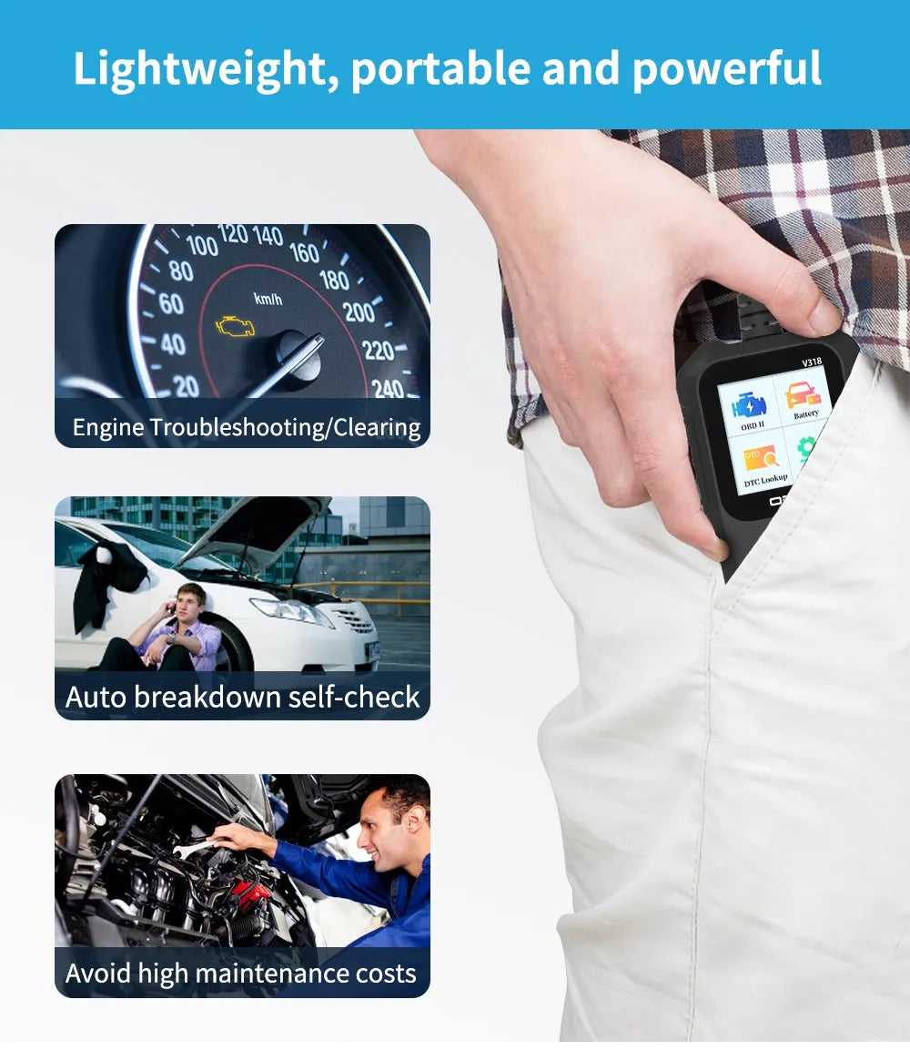 V318 Auto Diagnostic Tool Scanner Automobile Battery Tester OBD2 Automobile Clear Fault Detects Support Multiple Languages