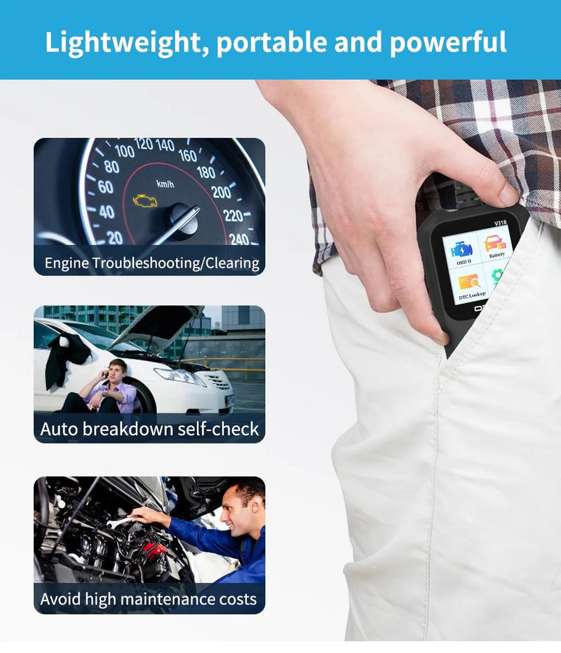 V318 Auto Diagnostic Tool Scanner Automobile Battery Tester OBD2 Automobile Clear Fault Detects Support Multiple Languages