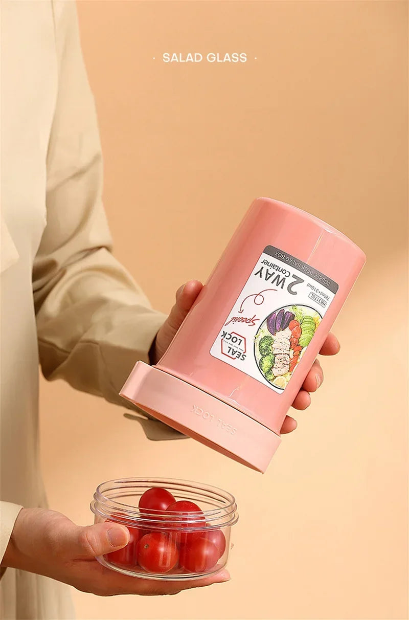 Bento Lunch Box Salad Oatmeal Breakfast Double Cup Cereal Nut Yogurt Container Set with Dressing Holder Fork Meal Preparation