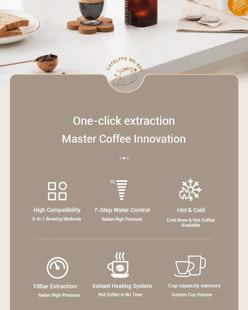 5-in-1 capsule coffee machine, fully automatic small household coffee machine, 7-speed water level hot and cold Italian style ca