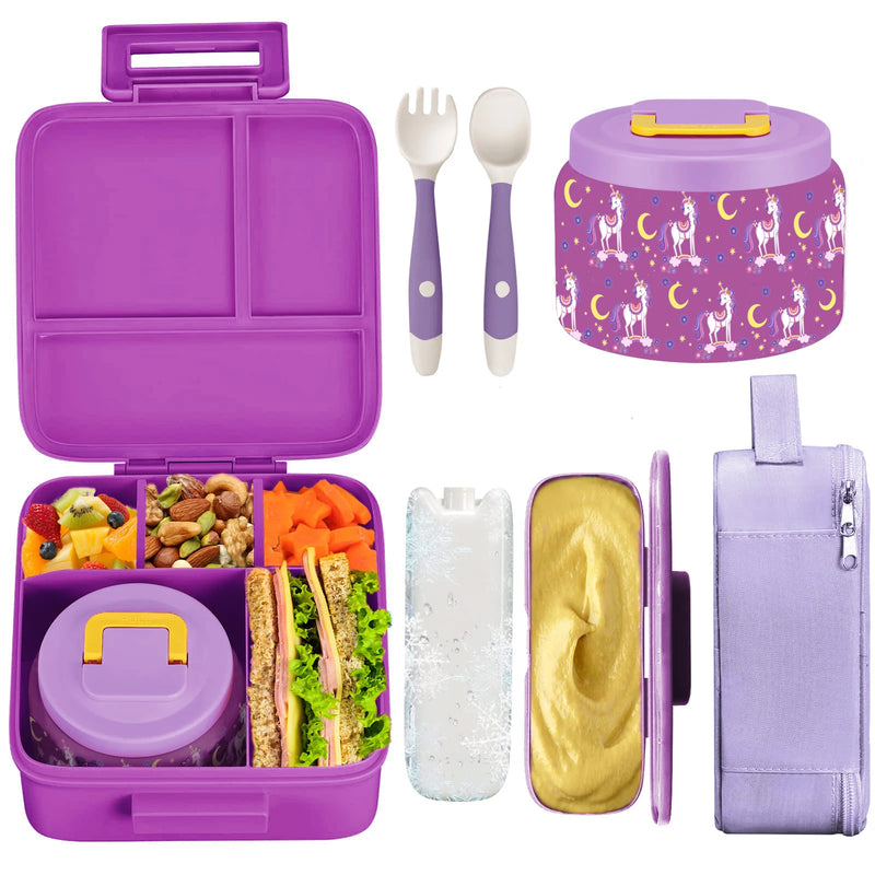 Bento Lunch Box for Kids With 8oz insulated vacuum food jar, Lunch bag, ice pack, and bendable fork&spoon, Leak-proof