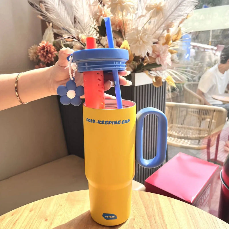 Large Capacity High Aesthetic Straw Water Bottle Couple Water Cup Girlfriend Gift Double Wall Insulated Stainless Steel Tumbler
