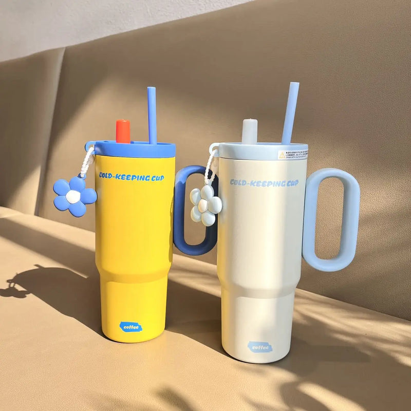Large Capacity High Aesthetic Straw Water Bottle Couple Water Cup Girlfriend Gift Double Wall Insulated Stainless Steel Tumbler