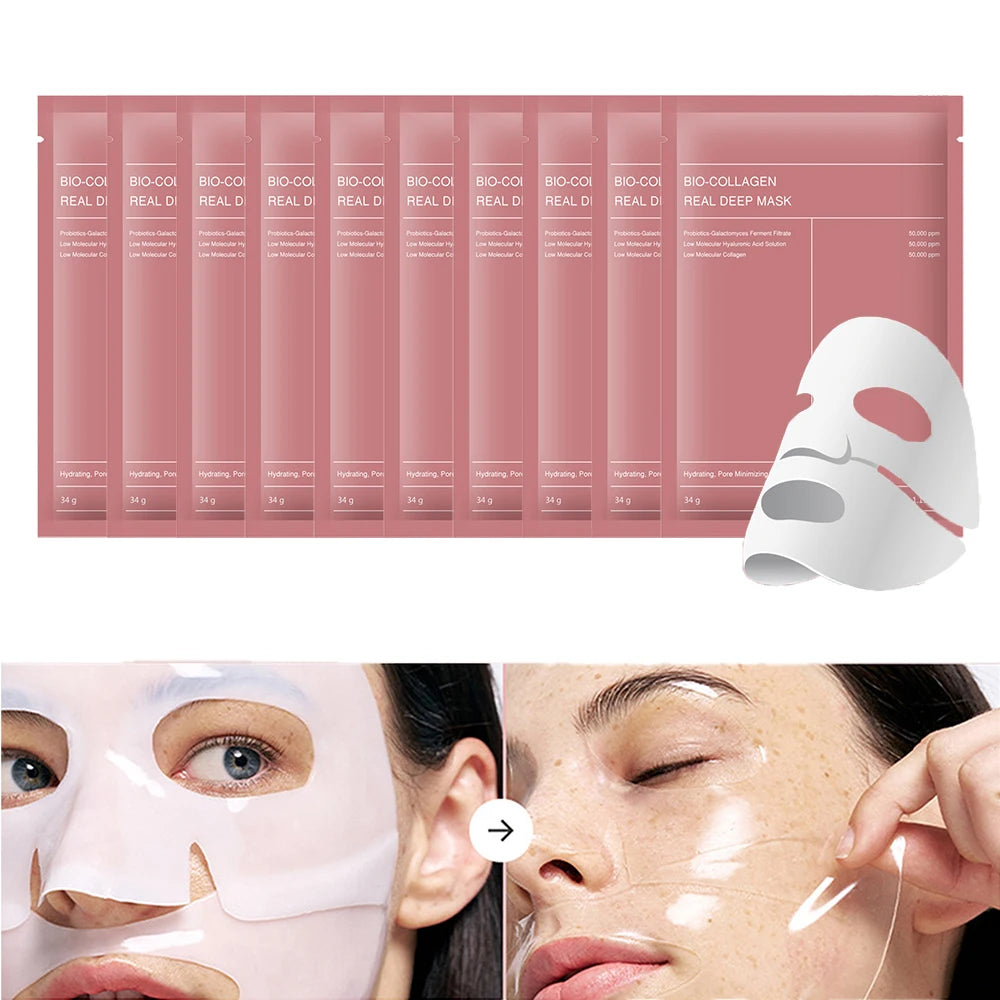 10PCs Absorbable Bio-Collagen Real Deep Mask Night Moisturizing Mask Firming Nourish Brightening Moisturizing Skin Care