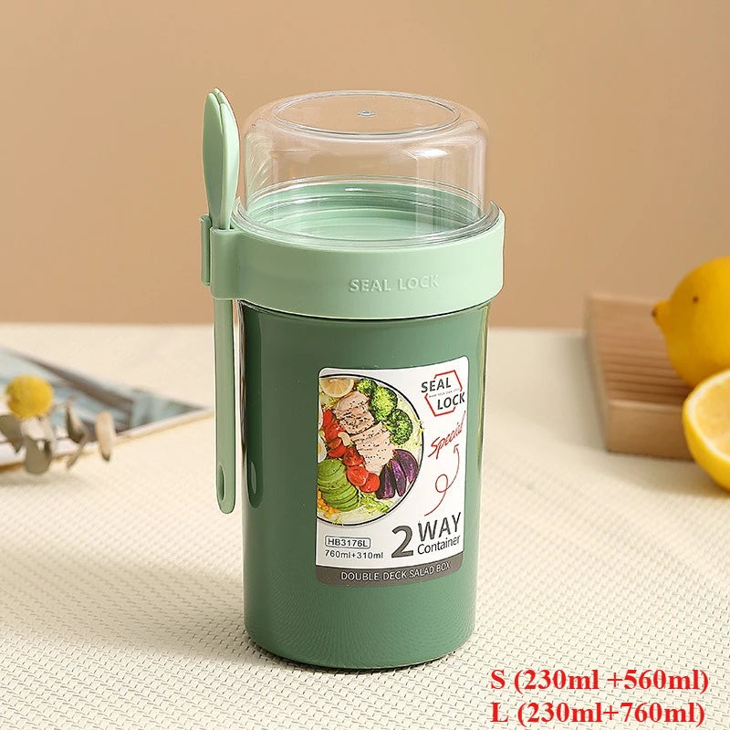Bento Lunch Box Salad Oatmeal Breakfast Double Cup Cereal Nut Yogurt Container Set with Dressing Holder Fork Meal Preparation