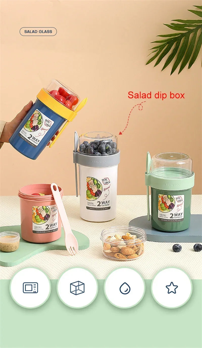 Bento Lunch Box Salad Oatmeal Breakfast Double Cup Cereal Nut Yogurt Container Set with Dressing Holder Fork Meal Preparation