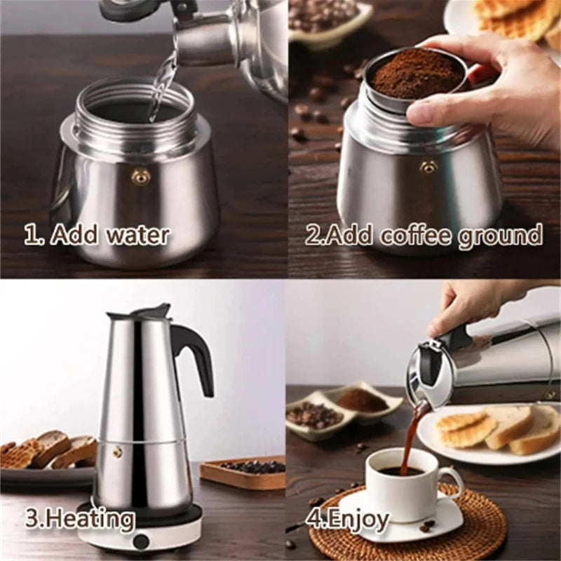 Coffee Maker Pot Moka Coffee Maker Stainless Steel 2/4/6/9 Cups Mocha Espresso Latte Stovetop Filter Coffee Pot for Kitchen