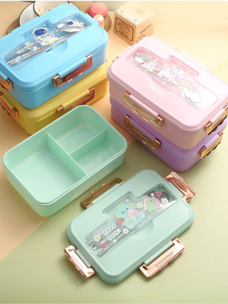 Bento Lunch Box for Kids Girls Cartoon Students Kawaii Cute Dinosaur Heated 3 Grid Sandwich Snack Food Box Special Canteen