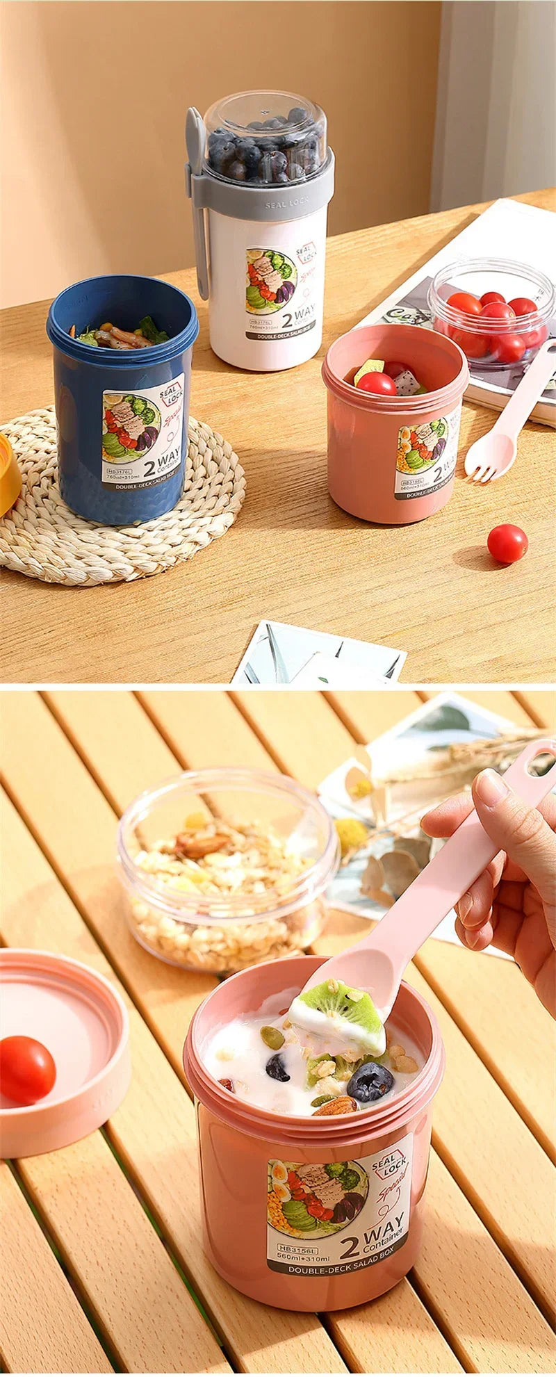 Bento Lunch Box Salad Oatmeal Breakfast Double Cup Cereal Nut Yogurt Container Set with Dressing Holder Fork Meal Preparation