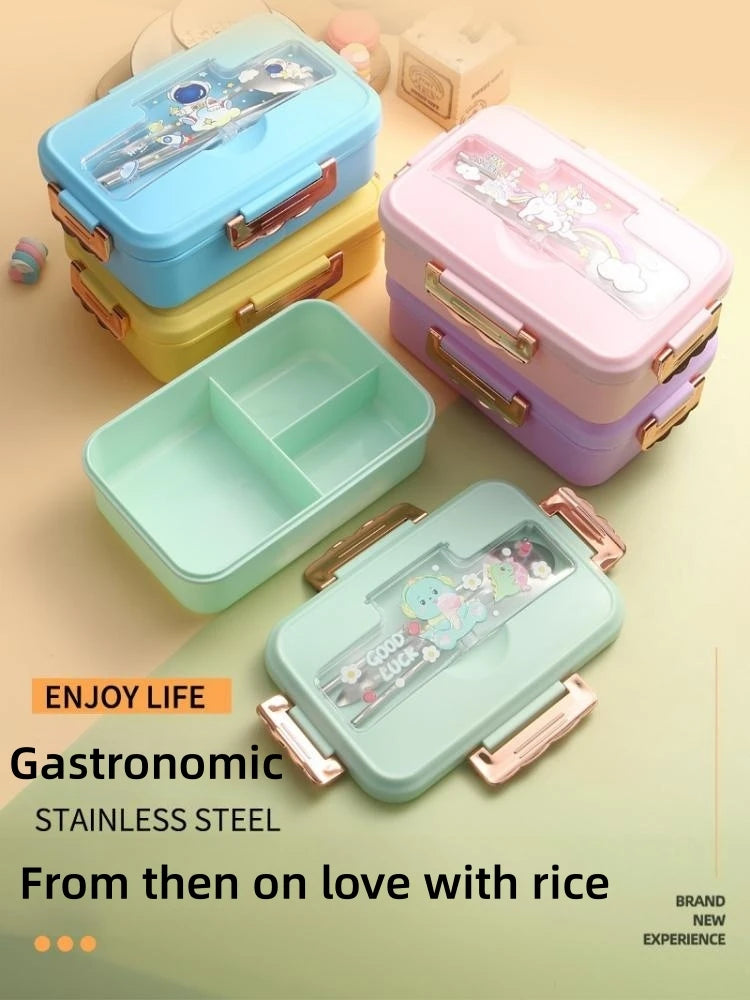 Bento Lunch Box for Kids Girls Cartoon Students Kawaii Cute Dinosaur Heated 3 Grid Sandwich Snack Food Box Special Canteen