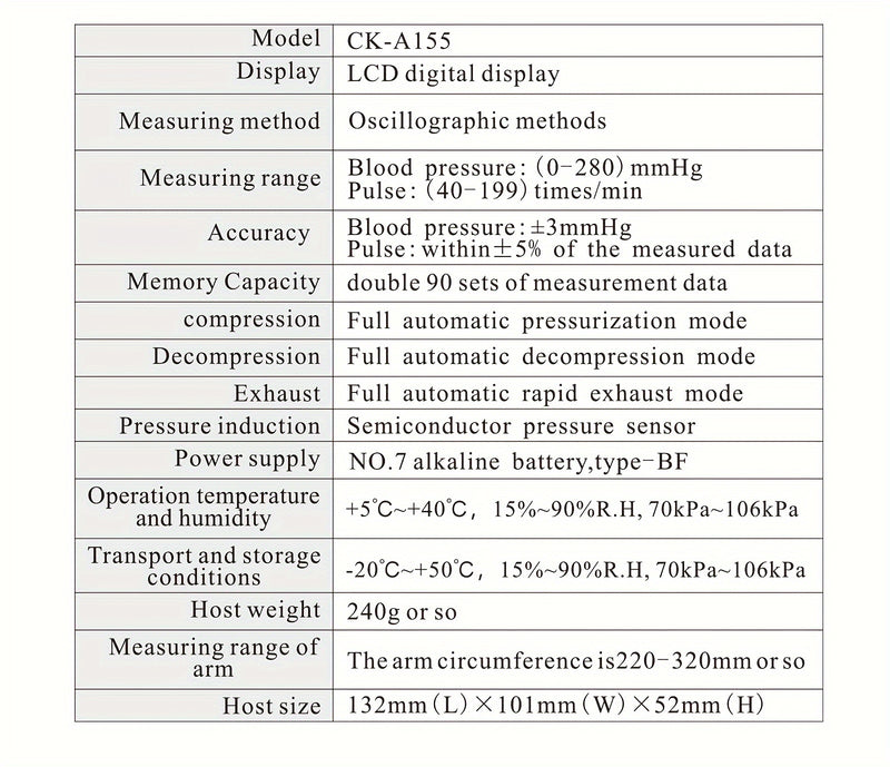 Automatic Upper Arm Blood Pressure Monitor for Adults with Arrhythmia Indicator, Large LED Display, Adjustable Cuff (8.7"-15.7"), Memory Function - Battery Operated (4xAAA Not Included) - CK-A155