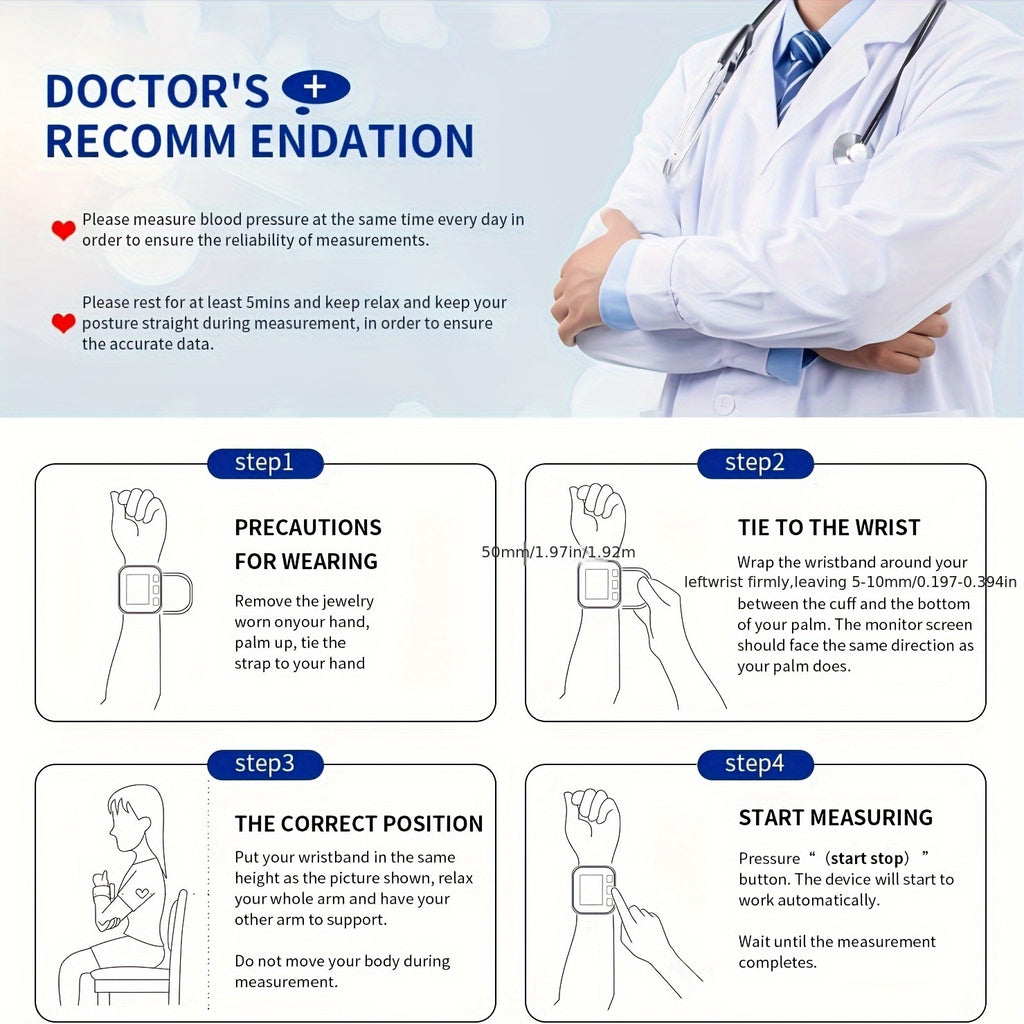 Automatic Digital Wrist Blood Pressure Monitor with Large LCD Display and Adjustable Cuff - Suitable for Adult Use, Battery Operated, 36V or Below, No Batteries Included